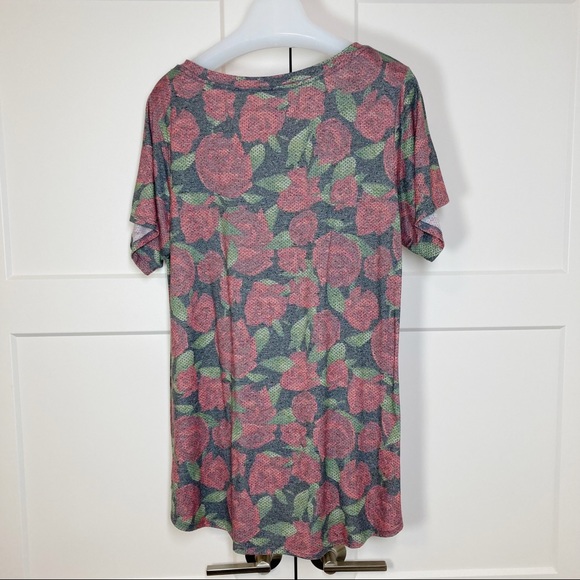 LuLaRoe ChristyT V-Neck Shirt Sleeve Tee Muted Red Rose Print Grey Pattern NEW - Picture 2 of 6